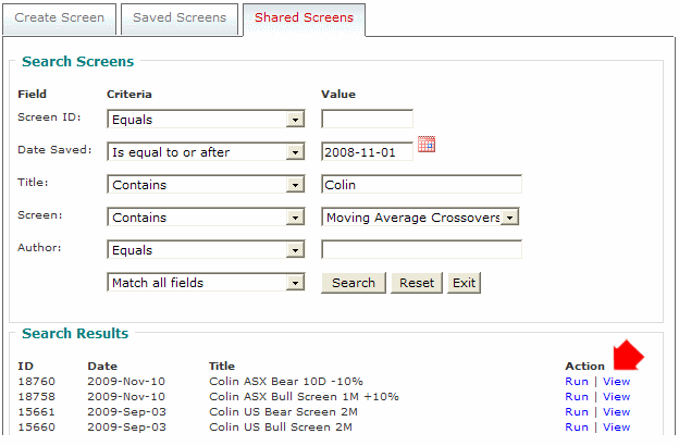 Stock Screener Shared Search Results