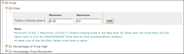 price filter stock screen 