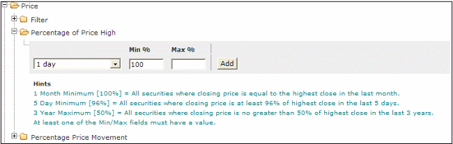 percent of price high stock screen 